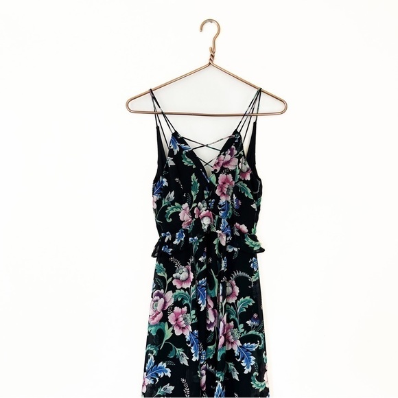 Express Womens 0 Black Floral Strappy Lace Slip Midi Dress Boho Peasant - Picture 3 of 11